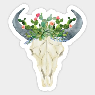 Bull skull with cacti crown - hand painted watercolor Sticker